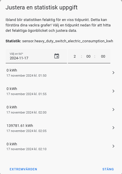 Bild på hur jag ändrar statistik på en enhet i Home Assistant