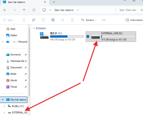 Extern hårddisk i windows 11 utforskaren