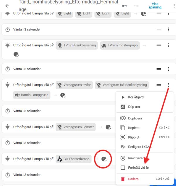 Forstätt vid fel i en automation eller skript i Home Assistant