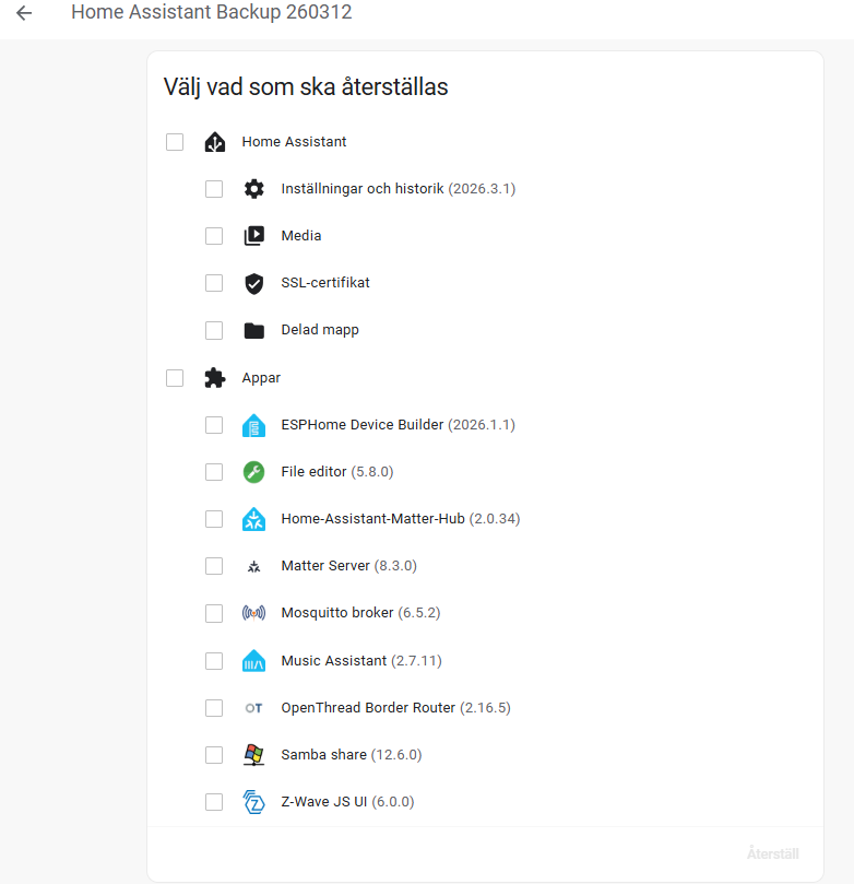 Bild på Home Assistant systemet där jag kan återställa en säkerhetskopia