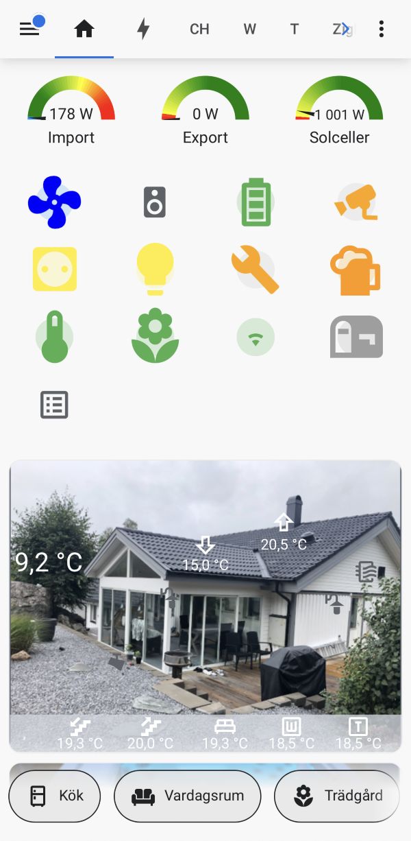 Bild på min Home Assistant Dashboard på mobilen via Home Assistant Companion appen