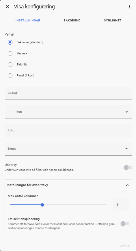 Skapa sektion vy Home Assistant Dashboard