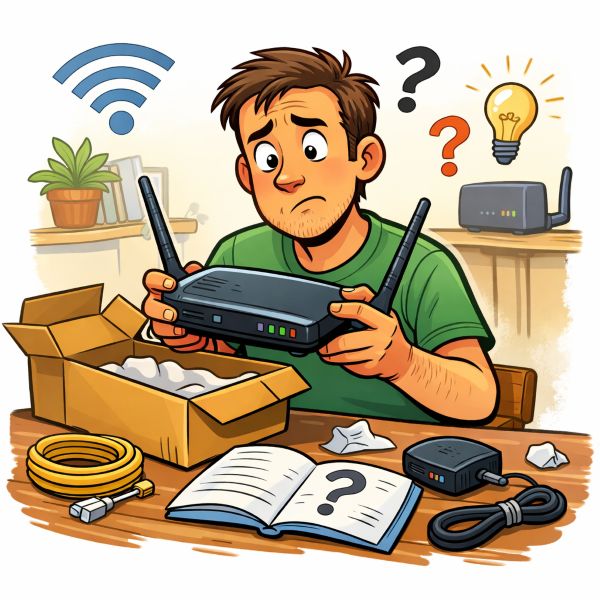 bild på en person som har köpt en router och funderar hur den ska installeras hemma