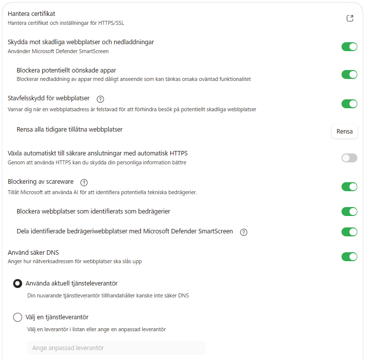 Bild på sekretessinställningar i Edge