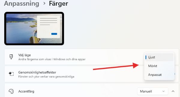 Växla mellan Mörkt och Ljust läge i Windows 11