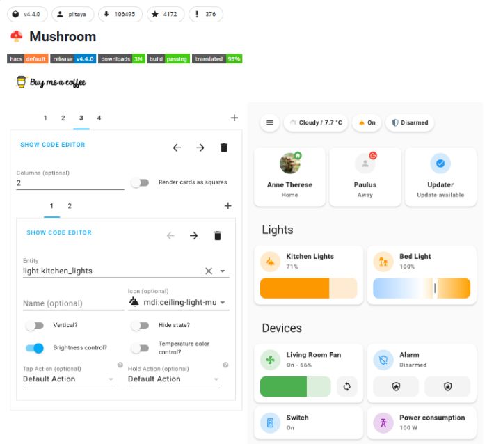Mushroom för dashboard via hacs