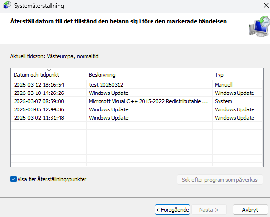 Visar bild på återställningspunkt i Windows 11