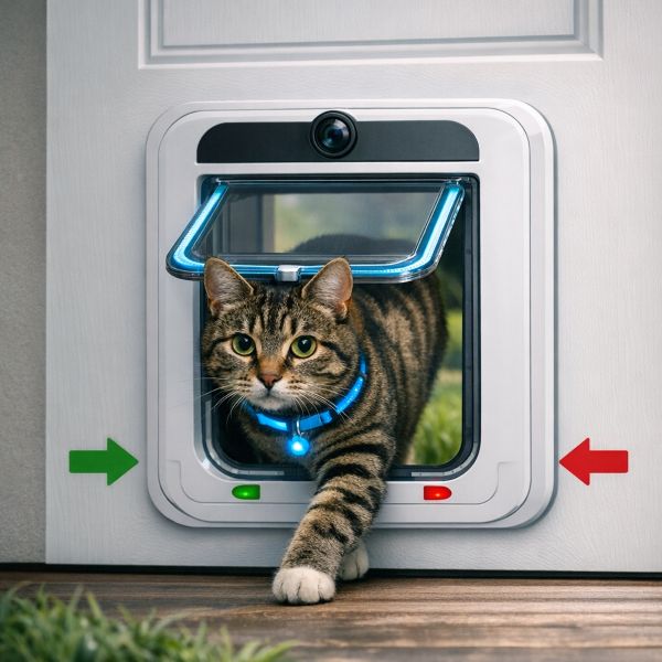 Smart kattlucka med sensorer som indikerar in- och utgång