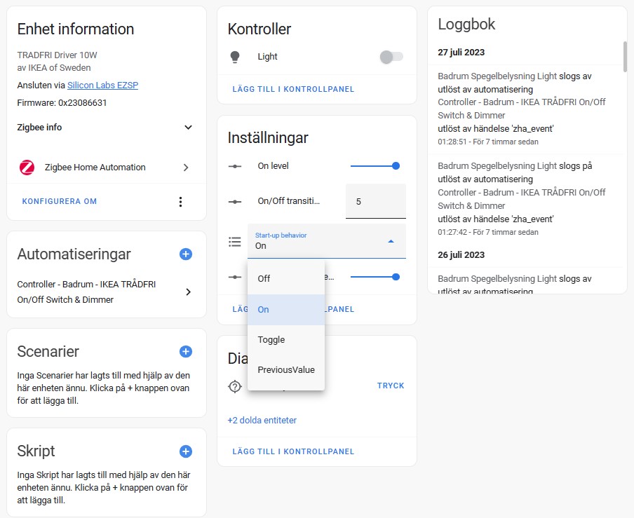 Start-up behavior på lampa i ZHA