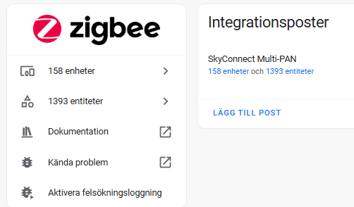 Integrationen ZHA i Home Assistant för Zigbee