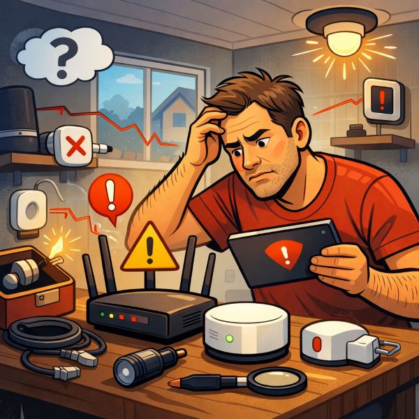 Bild på en person som felsöker nätverk med Thread, Zigbee och Wifi