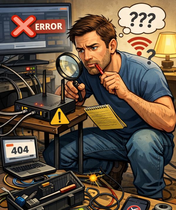 En illsutration på en person som felsöker wifi, hemmanätverk och router