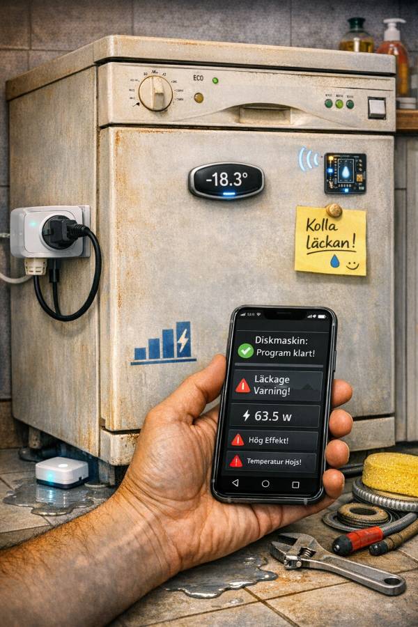 Diskmaskin med energimätning via smart plug och läckagesensor kopplad till Home Assistant.