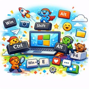 illustration med tangentbordsknappar och figurer som visar kortkommandon i Windows