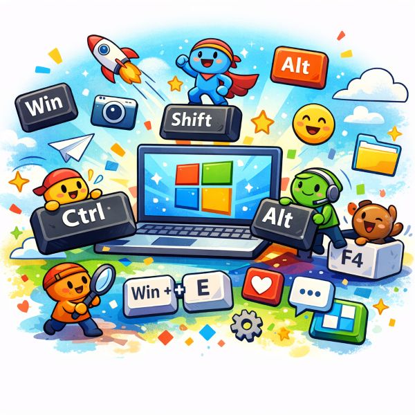 illustration med tangentbordsknappar och figurer som visar kortkommandon i Windows