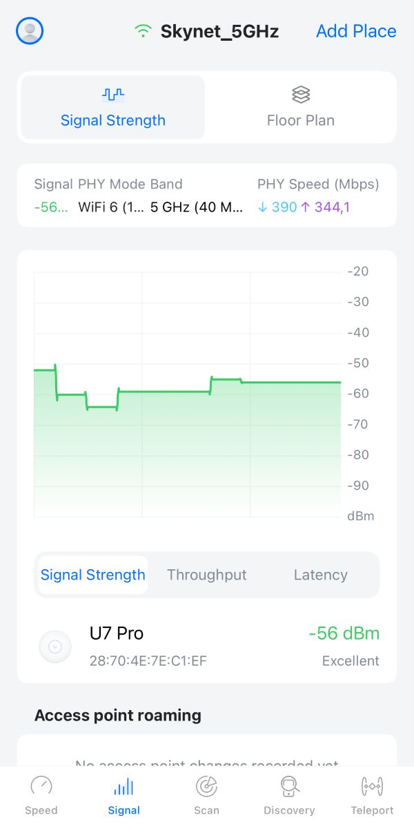 skärmbild på appen WifiMan där jag kan mäta wifi signalstyrka