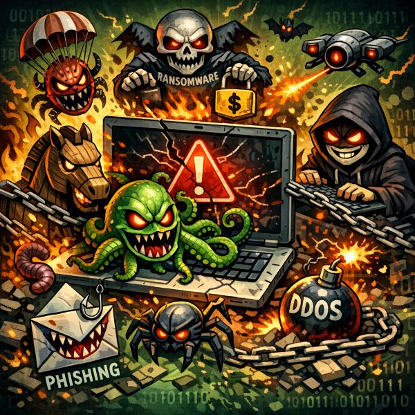 Illustration av virus, malware och hot mot dator – Windows Defender skydd