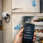 Gammal kyl och frys med temperatursensor, smart plug och mobilapp som visar effekt och varningar.