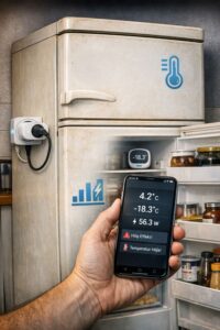 Gammal kyl och frys med temperatursensor, smart plug och mobilapp som visar effekt och varningar.
