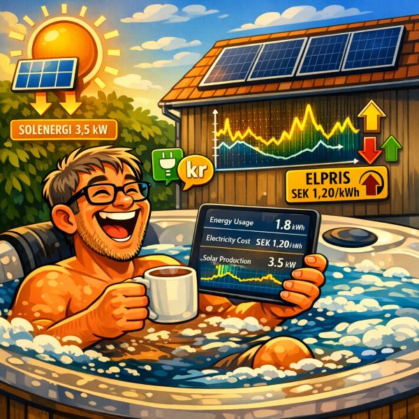 Glad person i spabad som styr temperatur och elförbrukning via Home Assistant, med solceller och elprisgraf i bakgrunden