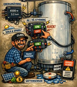 Illustration av hur en varmvattenberedare görs smart med Home Assistant, energimätning, styrning och vattensensor