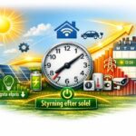 Illustration som visar hur ett smart hem styrs efter solel med solpaneler, kalender och smarta enheter