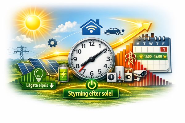 Illustration som visar hur ett smart hem styrs efter solel med solpaneler, kalender och smarta enheter