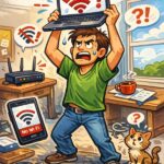 Illustration i cartoon‑stil av en frustrerad användare som försöker få wifi att fungera i Windows 11