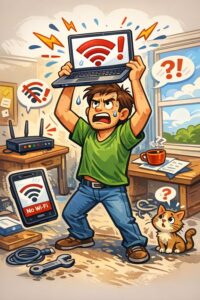 Illustration i cartoon‑stil av en frustrerad användare som försöker få wifi att fungera i Windows 11